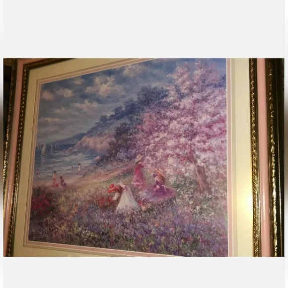 LARGE HOME INTERIOR PICTURE, KIDS AT THE BEACH, PINK & GOLD FRAME. 27.5" X 23.5" - Picture 3 of 10